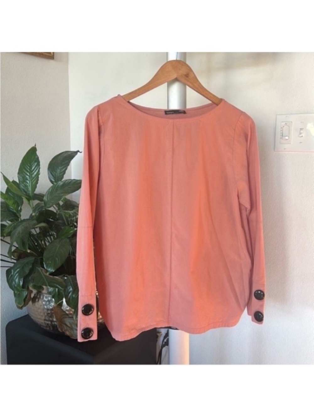 Zara boat neck blouse/Top/Shirt Sz M Salmon Peach Cuff Statement Buttons